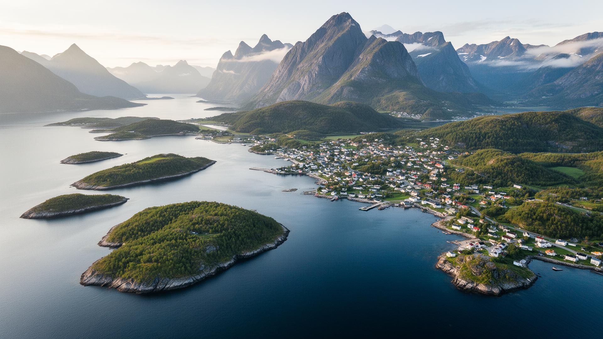 Vestlandskysten med fjord, holmer og grønne fjell i mildt lys.